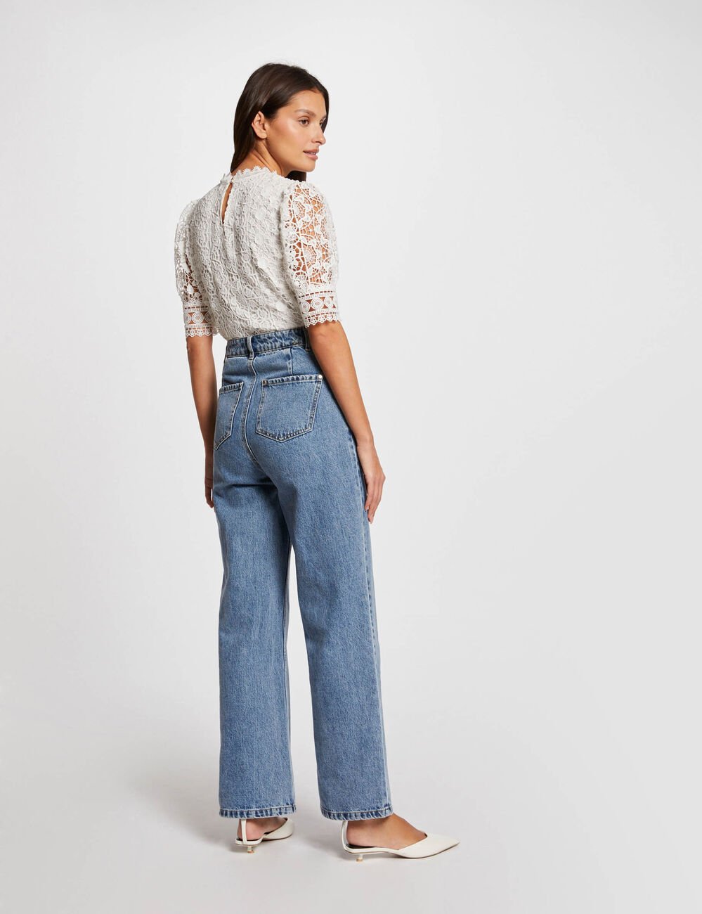 Blouse manches courtes en dentelle ivoire femme