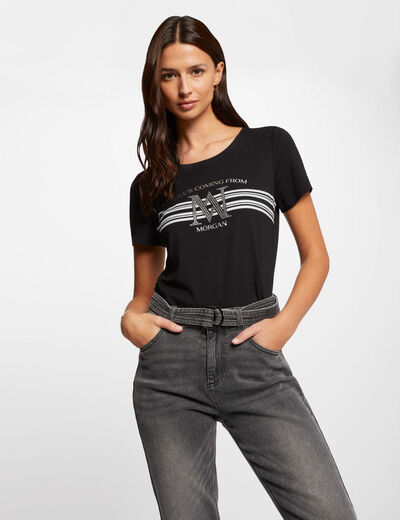 T-shirt met korte mouwen en strassstenen zwart vrouw