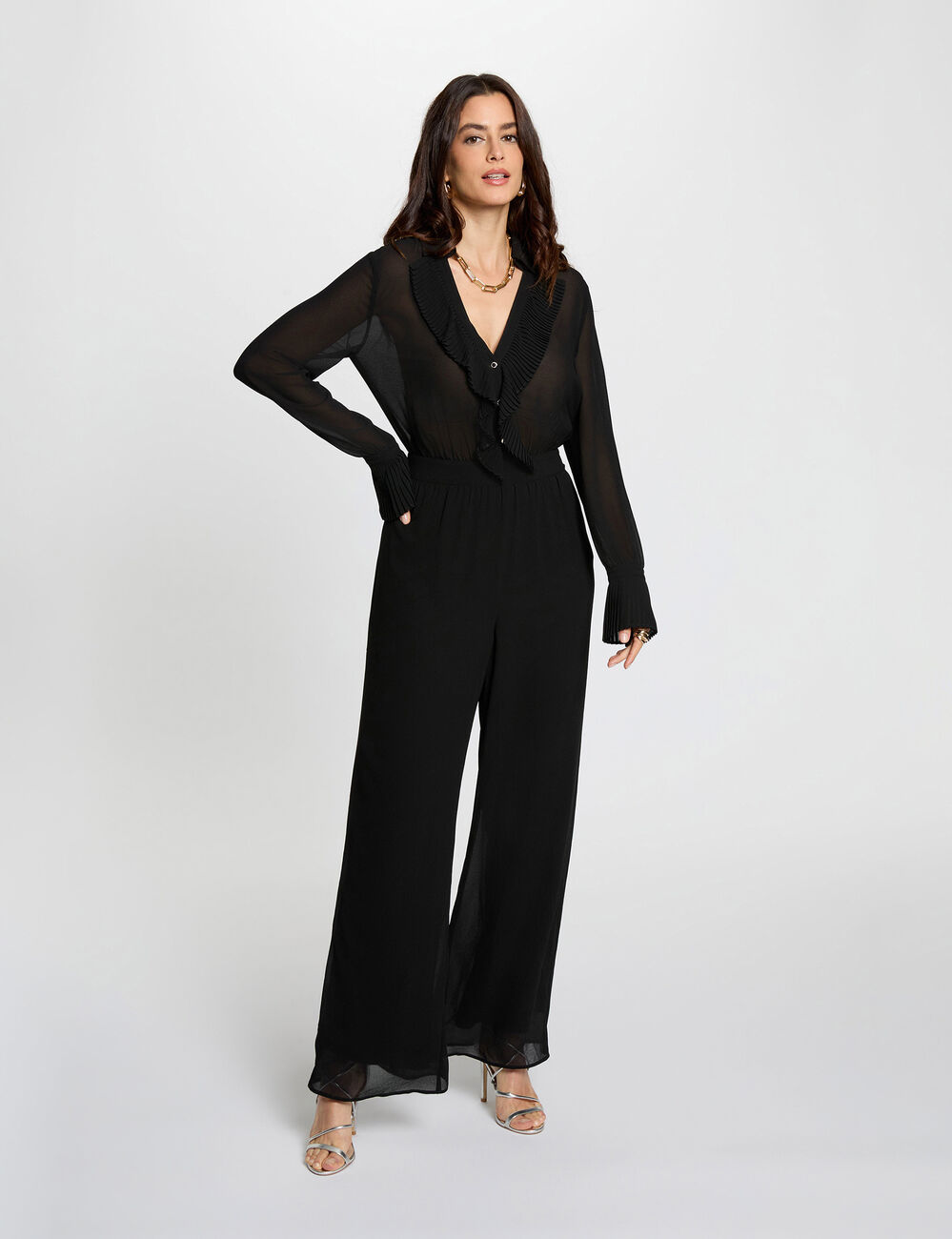 Vloeiende jumpsuit met reverskraag zwart vrouw