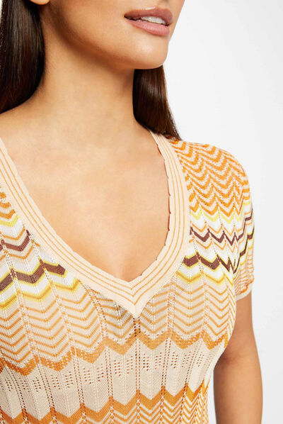Trui met korte mouwen met chevronprint oranje vrouw