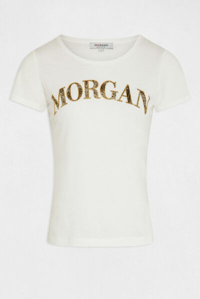 T-shirt manches courtes à inscription ecru femme