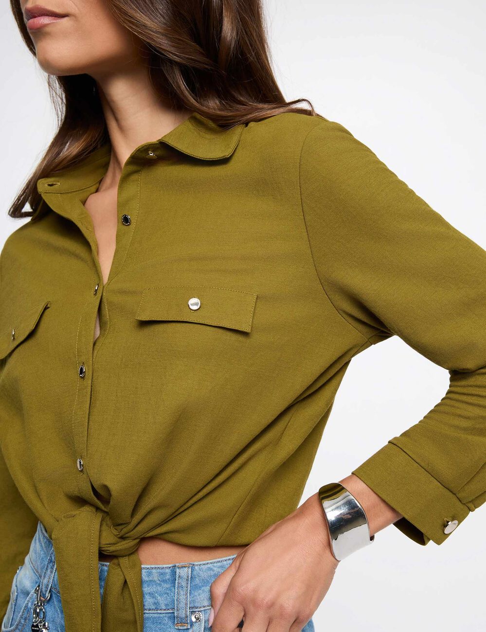Geknoopte blouse met reverskraag olijfgroen vrouw
