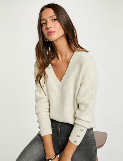 Pull col en V oversize ivoire femme