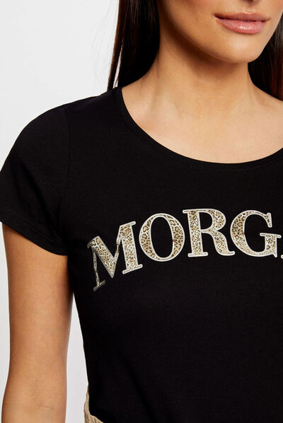 T-shirt met korte mouwen en opschrift zwart vrouw