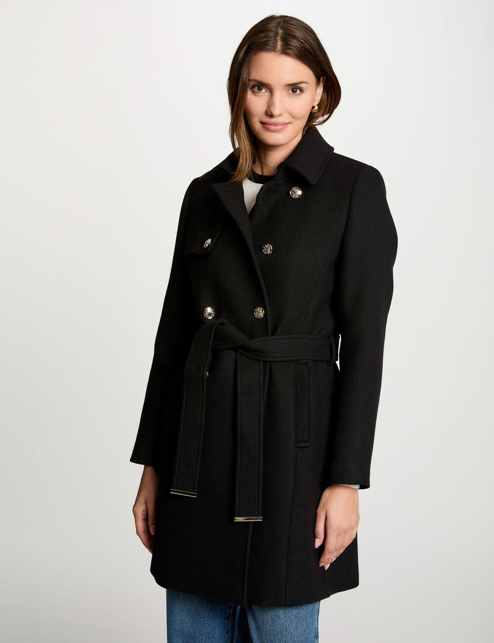 Manteau long ceintur&eacute; noir femme