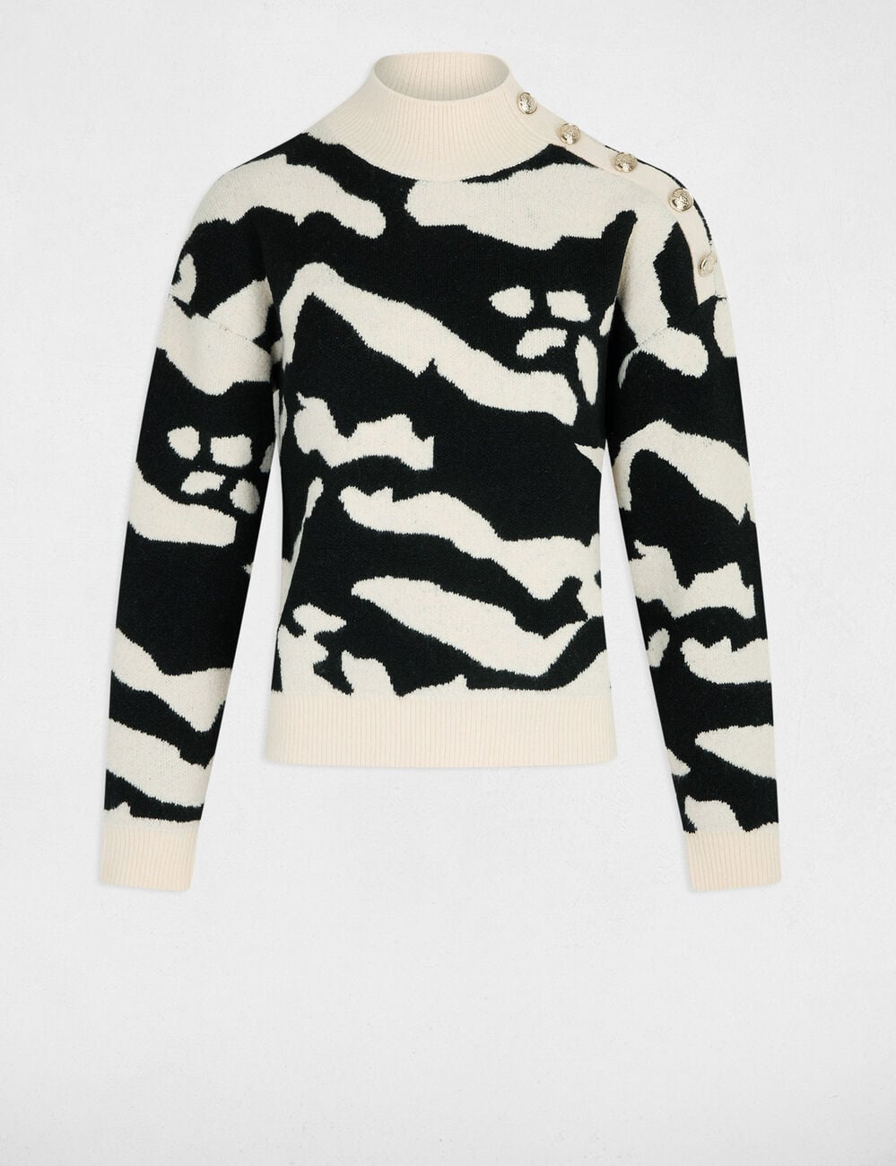 Pull col montant imprim&eacute; beige femme