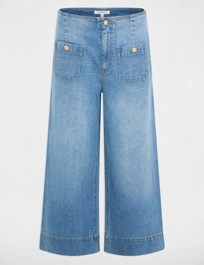 Hoge taille wijde broek stone washed denim vrouw
