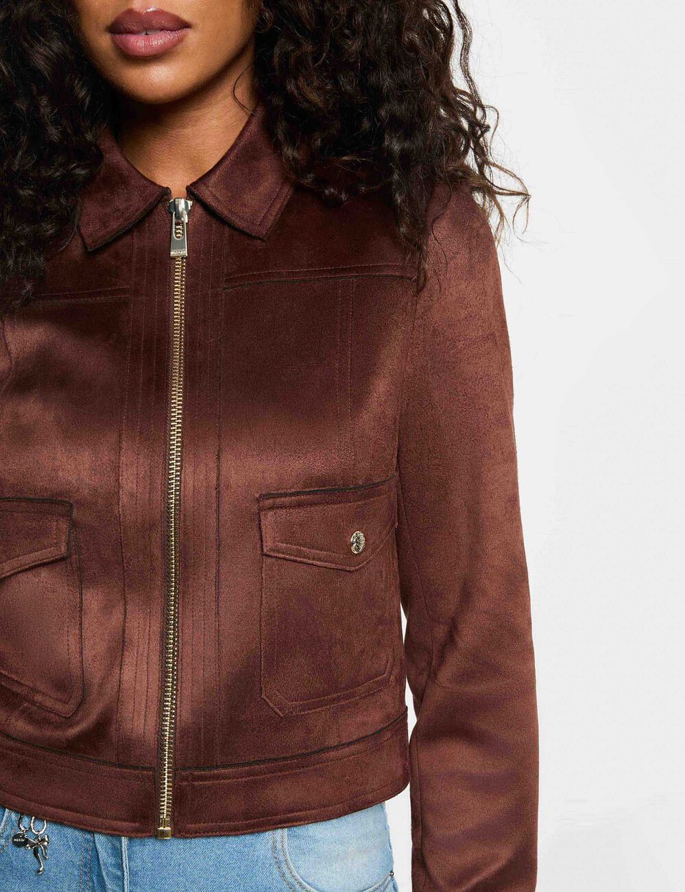 Blouson court su&eacute;dine marron fonc&eacute; femme