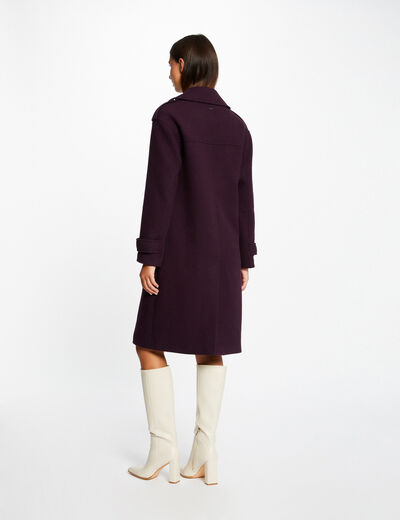 Manteau long droit double boutonnage violet fonce femme