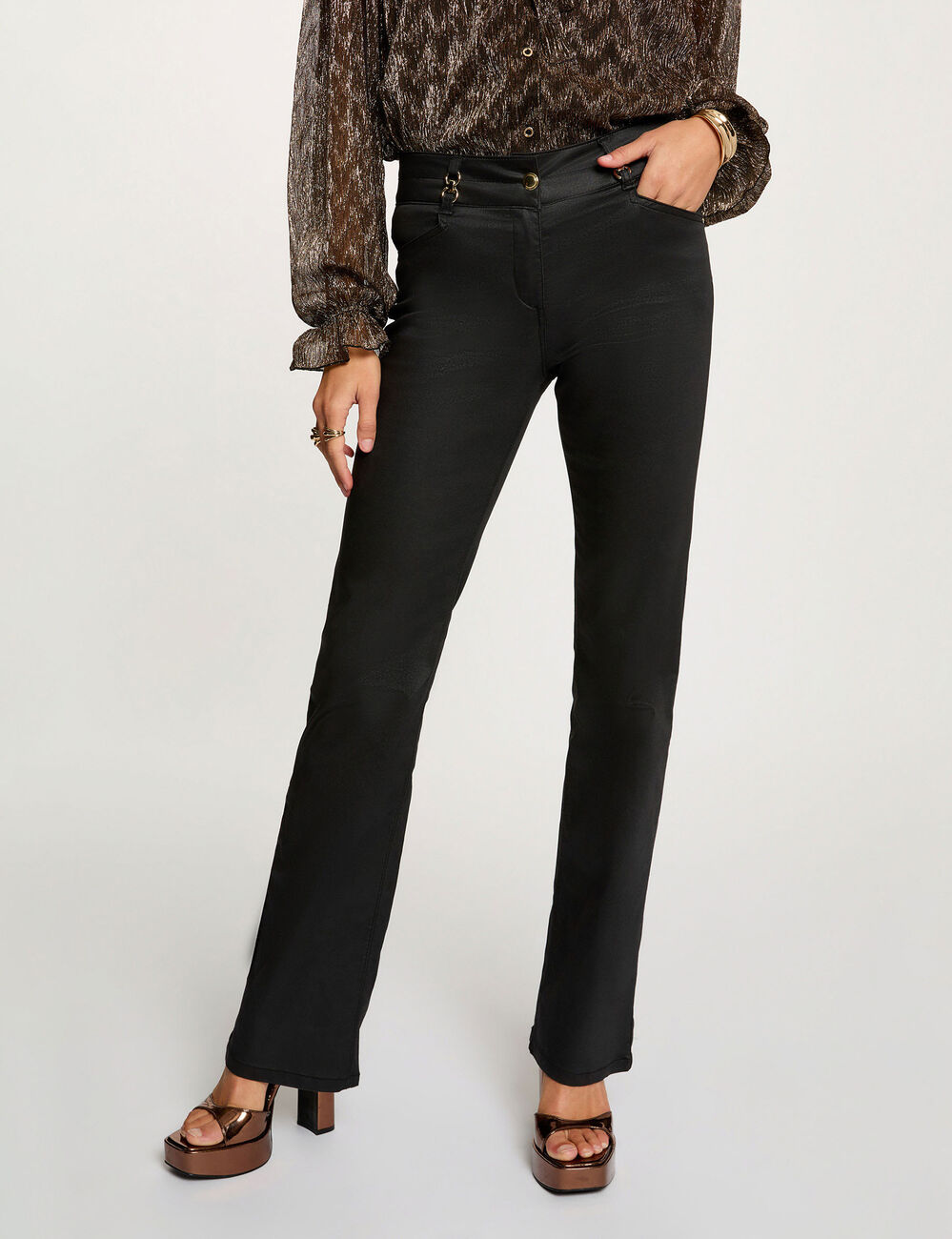 bootcut broek met coating zwart vrouw Bootcut broek met coating zwart vrouw