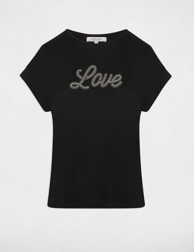 V-hals T-shirt met strass zwart vrouw