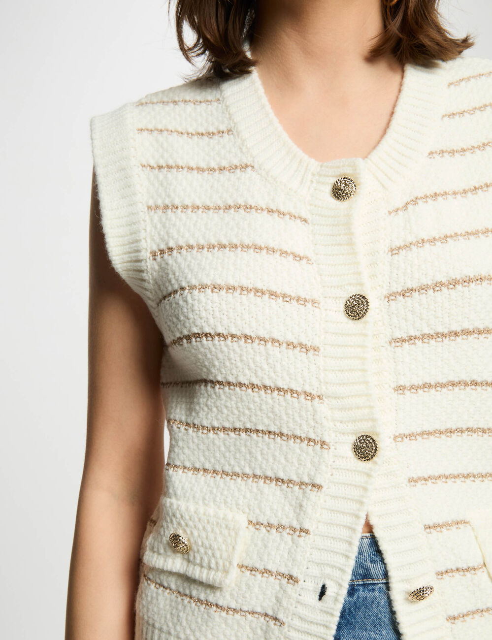 Mouwloos gestreept vest beige vrouw