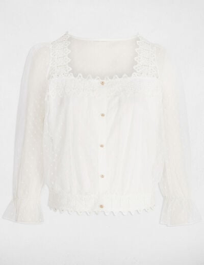 T-shirt met 3/4 mouwen met plumetis helder wit vrouw
