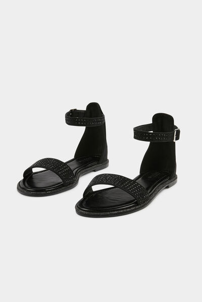 Sandales plates avec détails strass noir femme