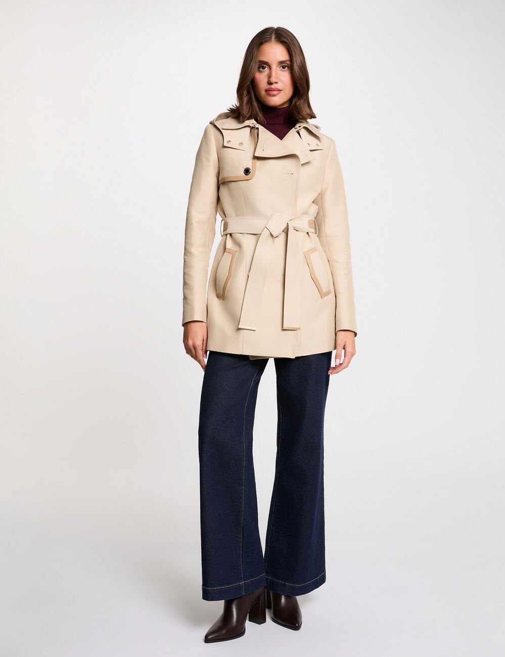 Trench mi-long &agrave; capuche beige femme