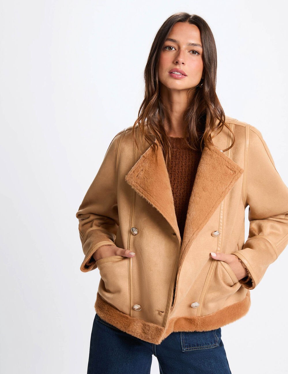 Veste courte peau lainée marron cognac femme