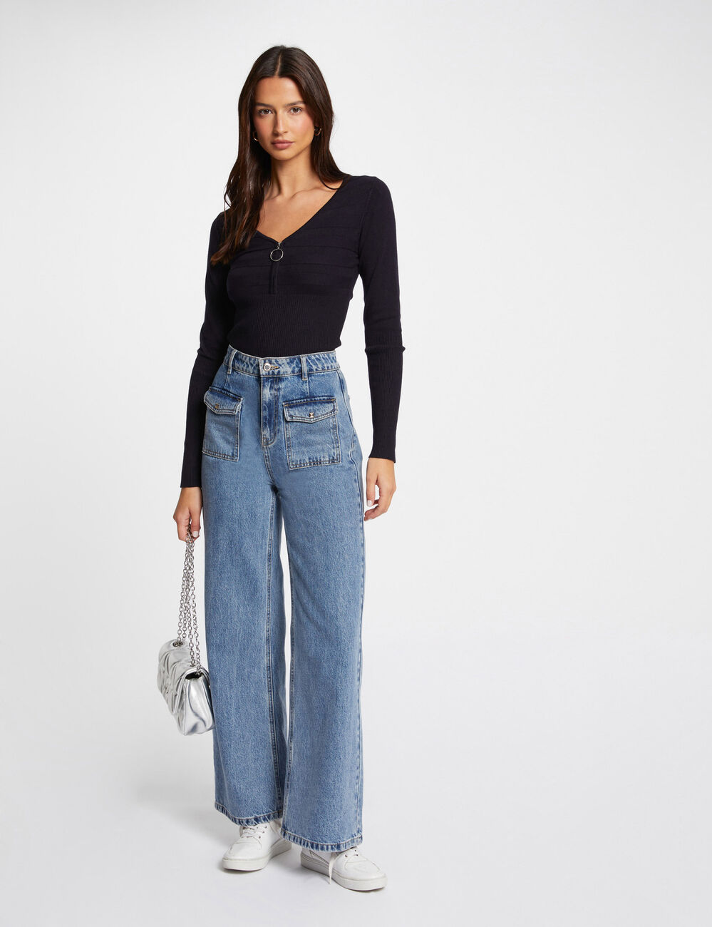 Pull manches longues &agrave; d&eacute;tail zipp&eacute; marine femme