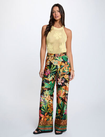 Pantalon large satin&eacute; noir femme