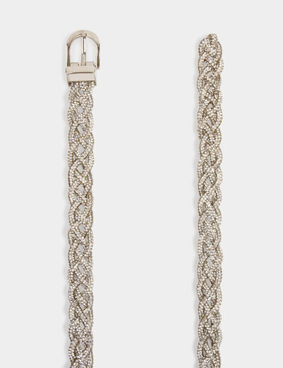 Ceinture tressée strass couleur argent femme