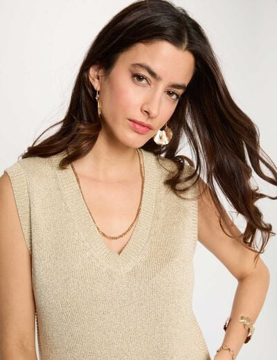 Pull sans manches col v couleur bronze femme