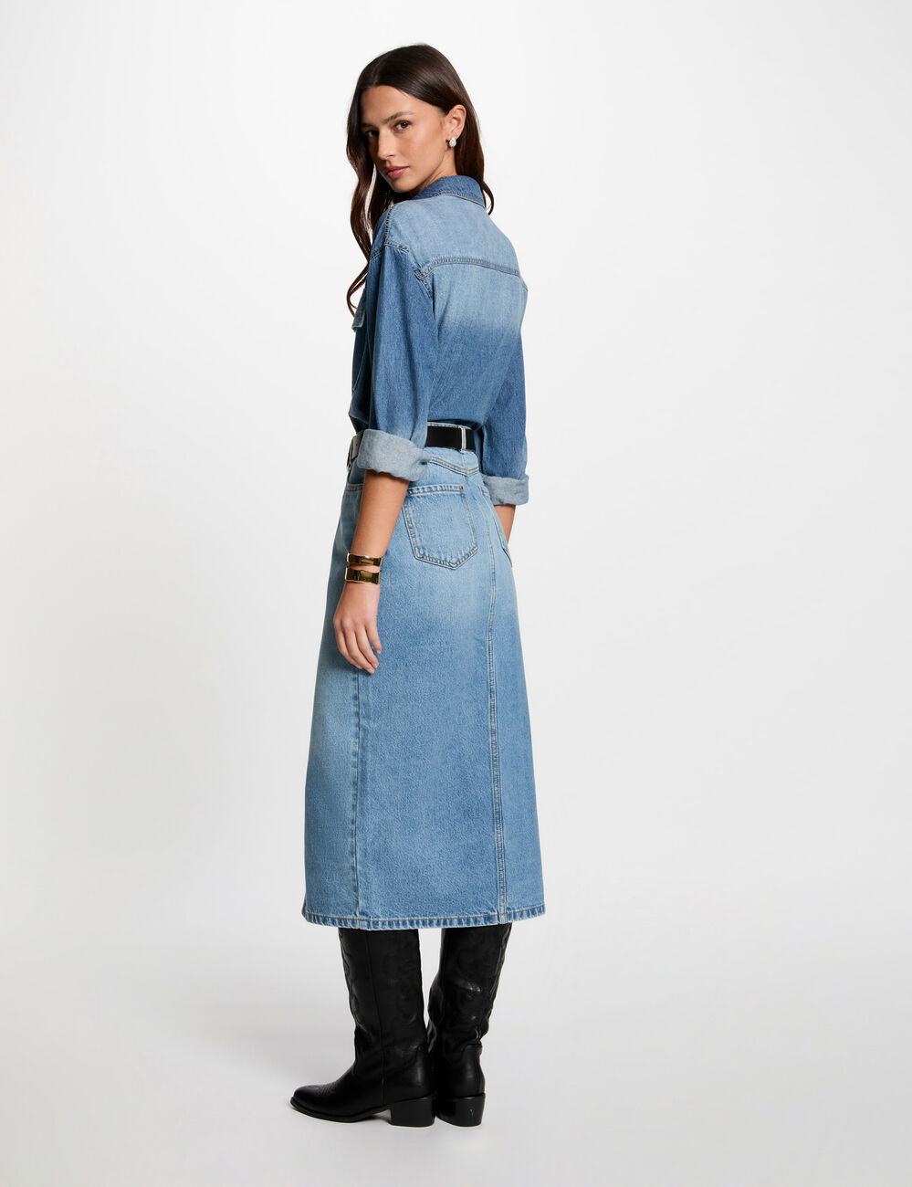 Rechte midi-jeansrok stone washed denim vrouw