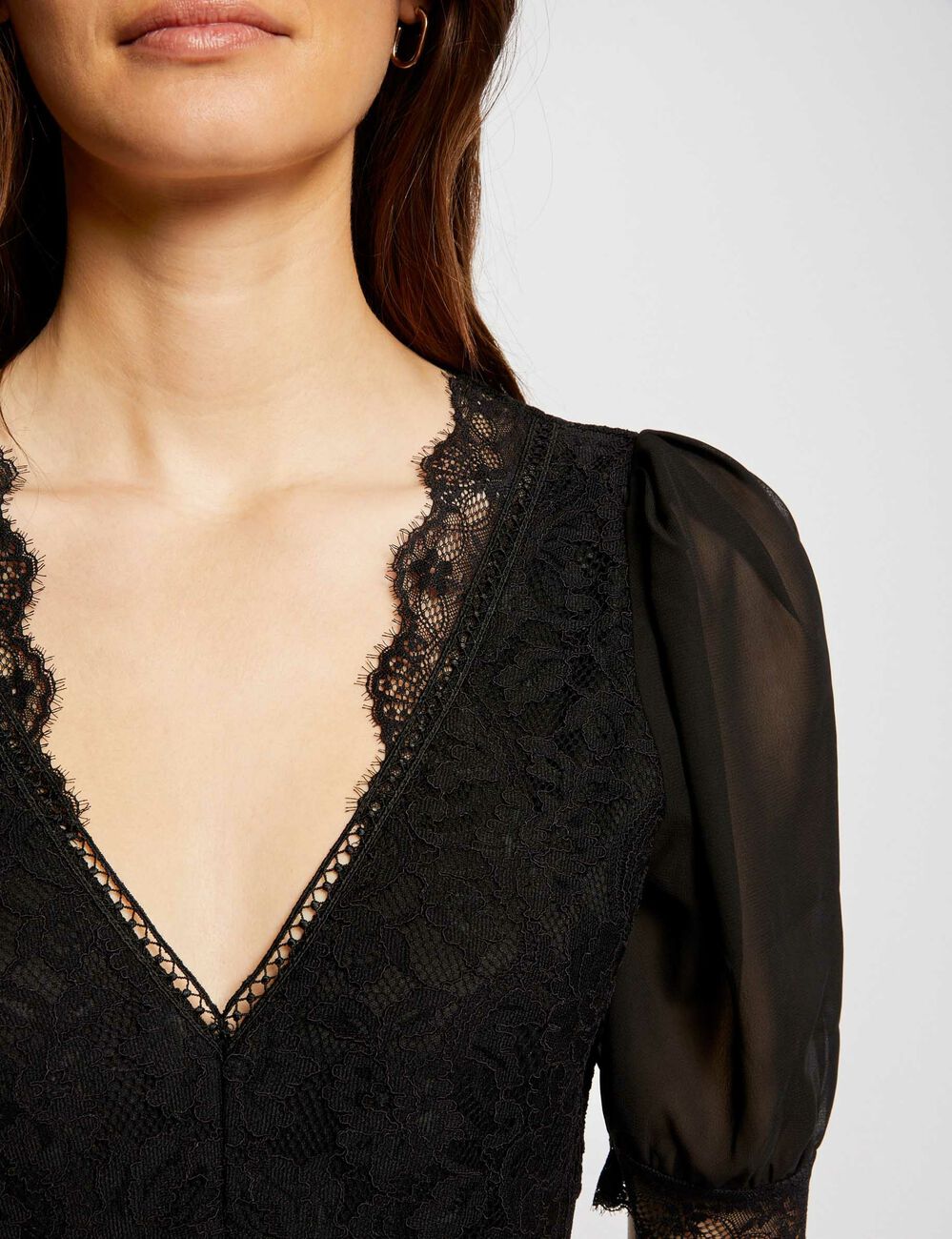 Bodysuit met 3/4 mouwen en kant zwart vrouw