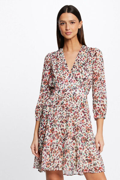 Robe trapèze fluide imprimé floral ecru femme