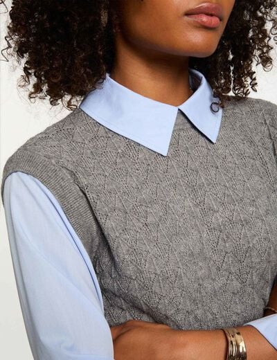 Korte trui met overhemdkraag gris clair vrouw
