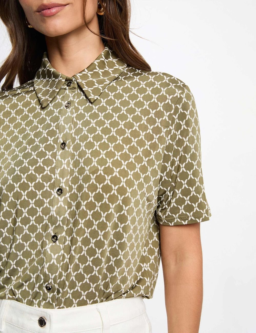 Chemise imprim&eacute;e col &agrave; revers vert kaki femme