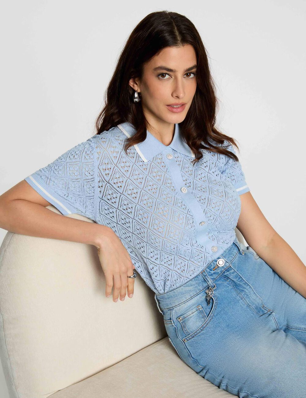 Getailleerd vest met reverskraag hemelsblauw vrouw