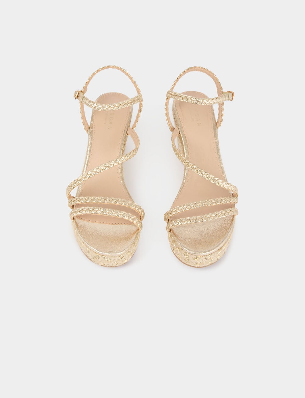 Sandale compens&eacute;e tress&eacute;e jaune or femme
