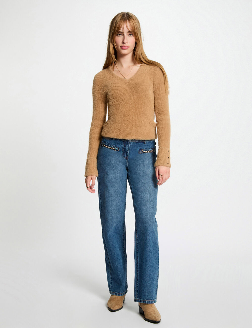 Pull manches longues maille duveteuse camel femme
