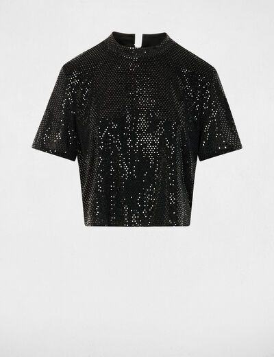T-shirt sequins col montant noir femme