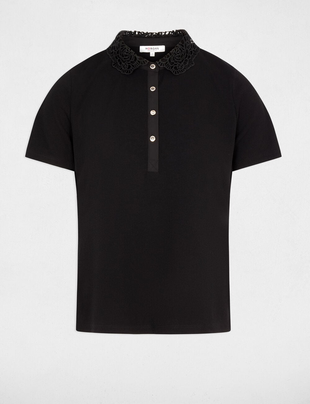 Maille l&eacute;g&egrave;re col dentelle noir femme