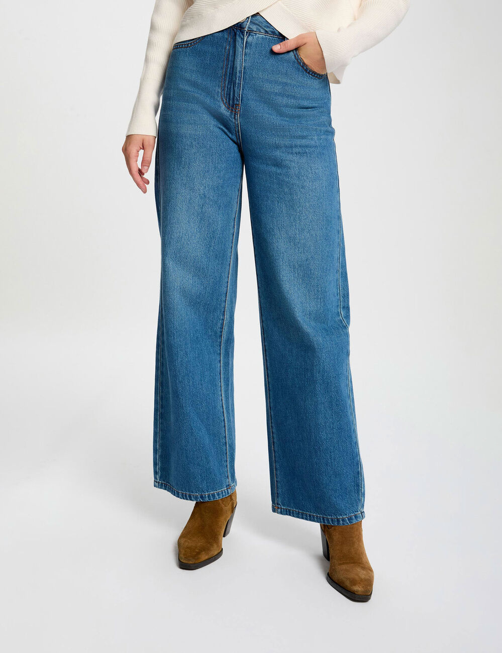 Pantalon large taille haute denim stone femme