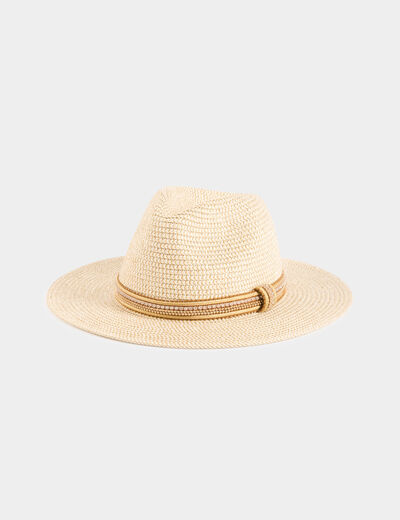 Chapeau tressé détails bijoux beige femme