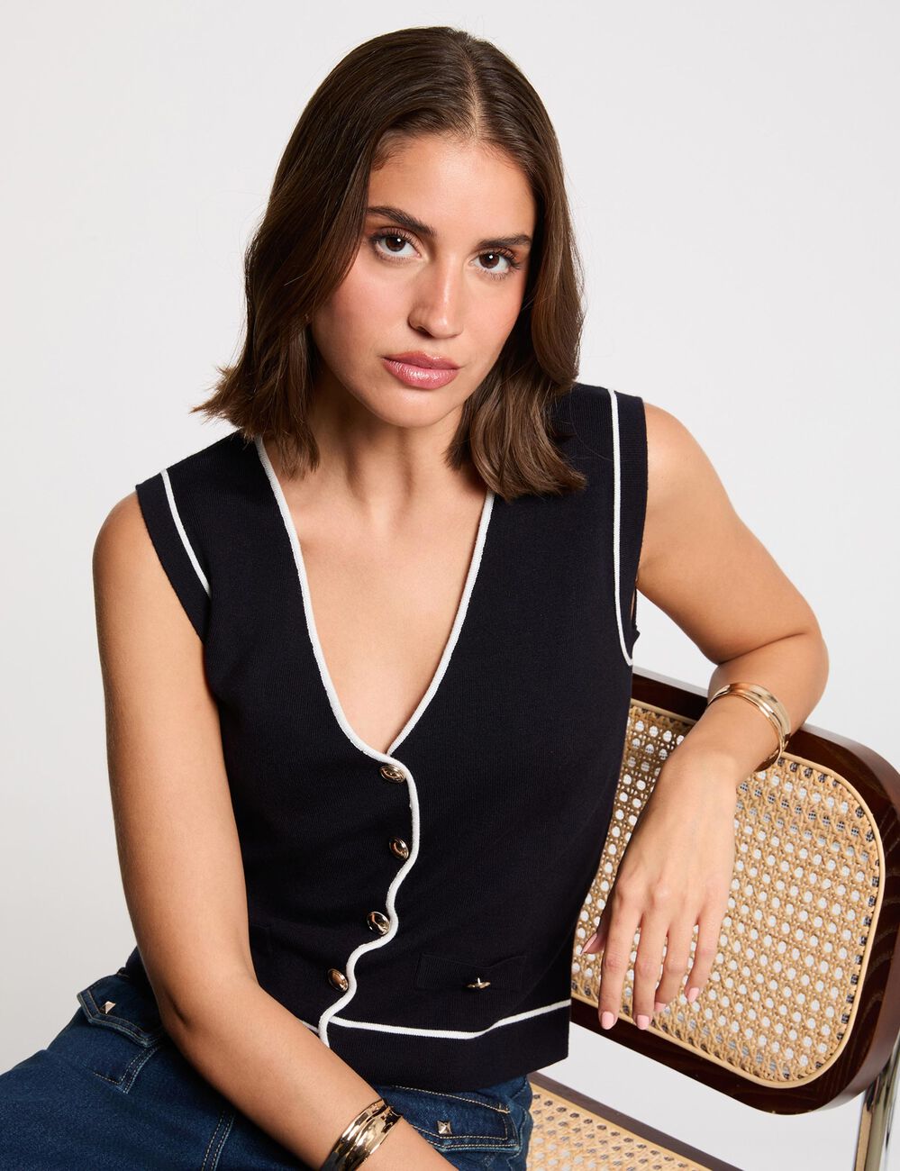 Mouwloze trui met V-hals marineblauw vrouw