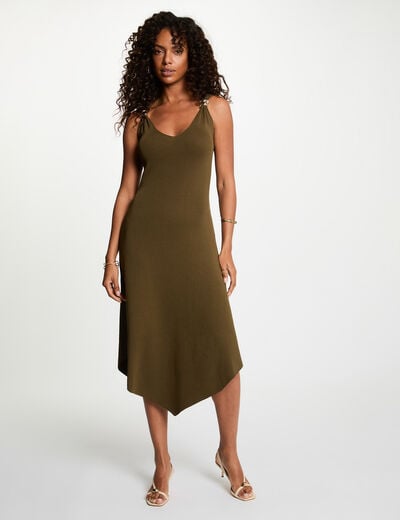 Robe tricot col v vert kaki femme