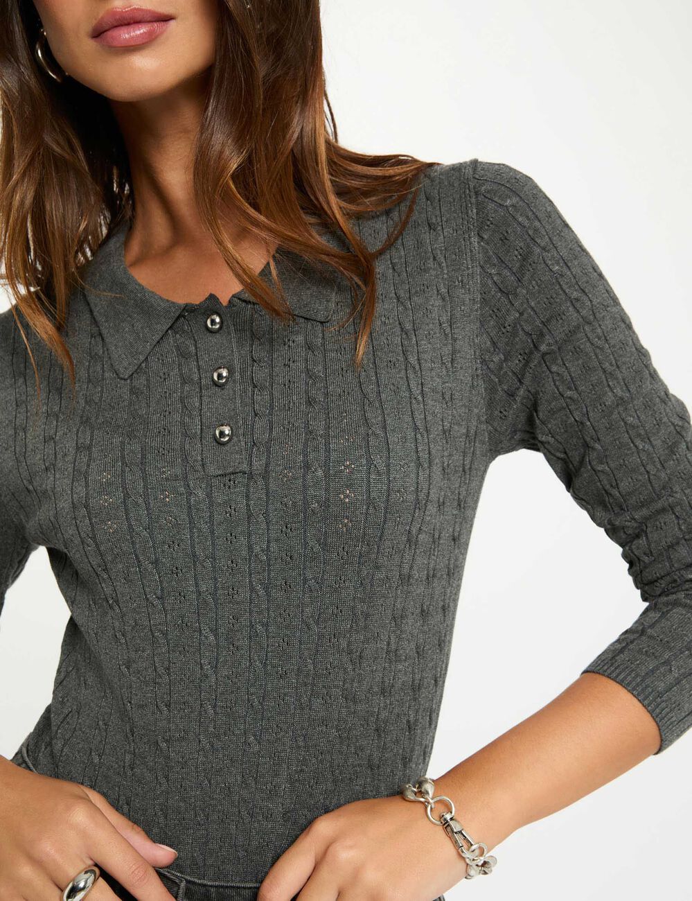 Pull ajusté col polo gris foncé femme