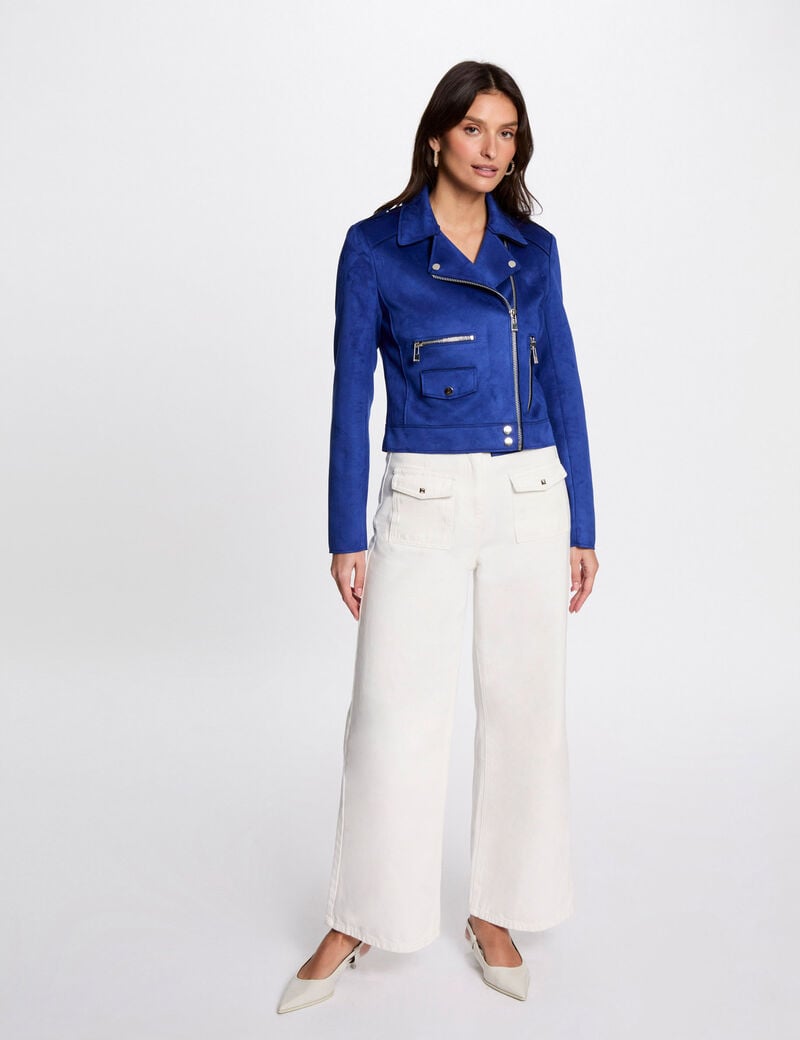 Blouson court zippé suédine bleu electrique femme