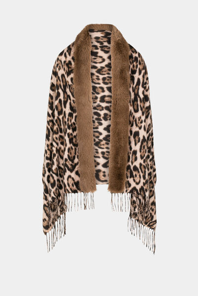 Poncho avec franges et imprimé léopard marron femme