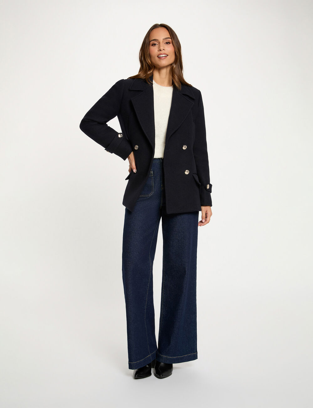 Manteau droit col tailleur bleu marine femme