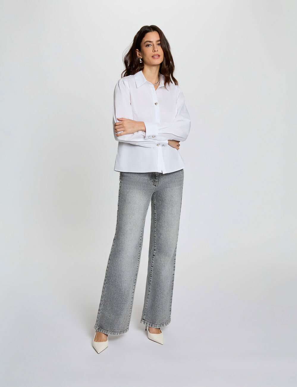 Hoge taille wijde jeans denim snow gris vrouw