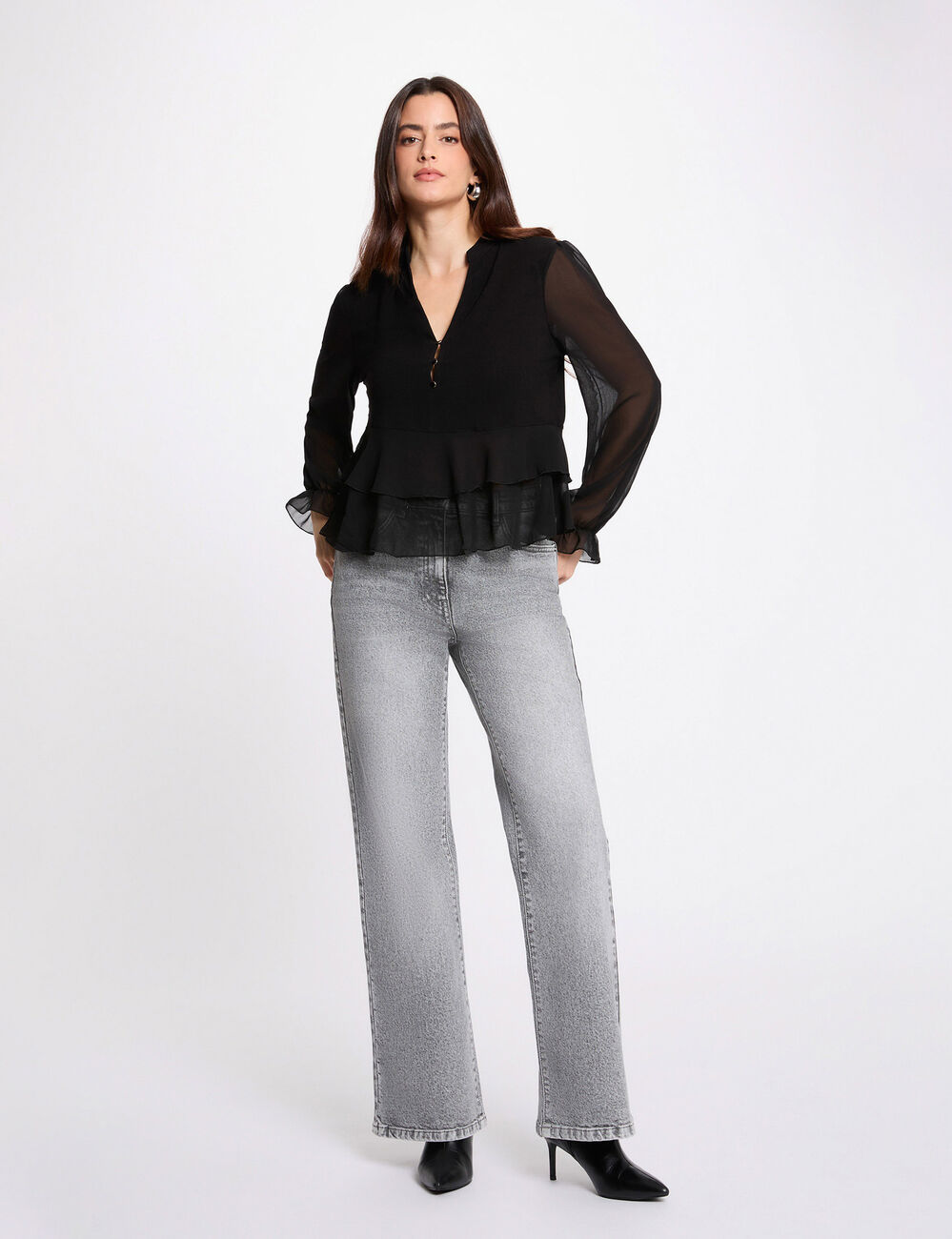 T-shirt col v volants noir femme