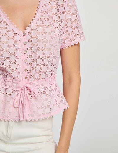 T-shirt manches courtes en dentelle rose femme