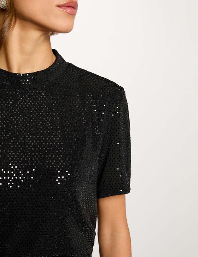 t shirt met pailletten en hoge kraag zwart vrouw T-shirt met pailletten en hoge kraag zwart vrouw
