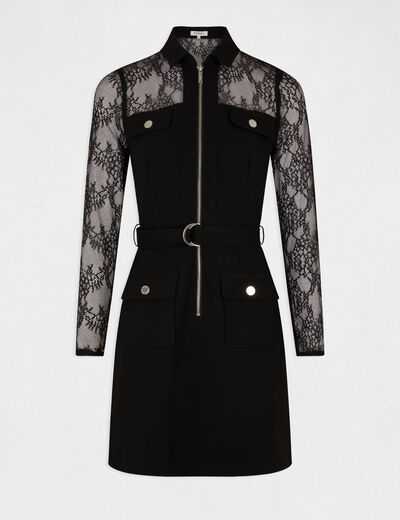 Robe ajust&eacute;e zipp&eacute;e manches dentelle noir femme