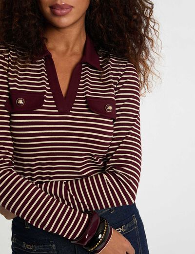 Gestreept poloshirt met lange mouwen bordeaux vrouw