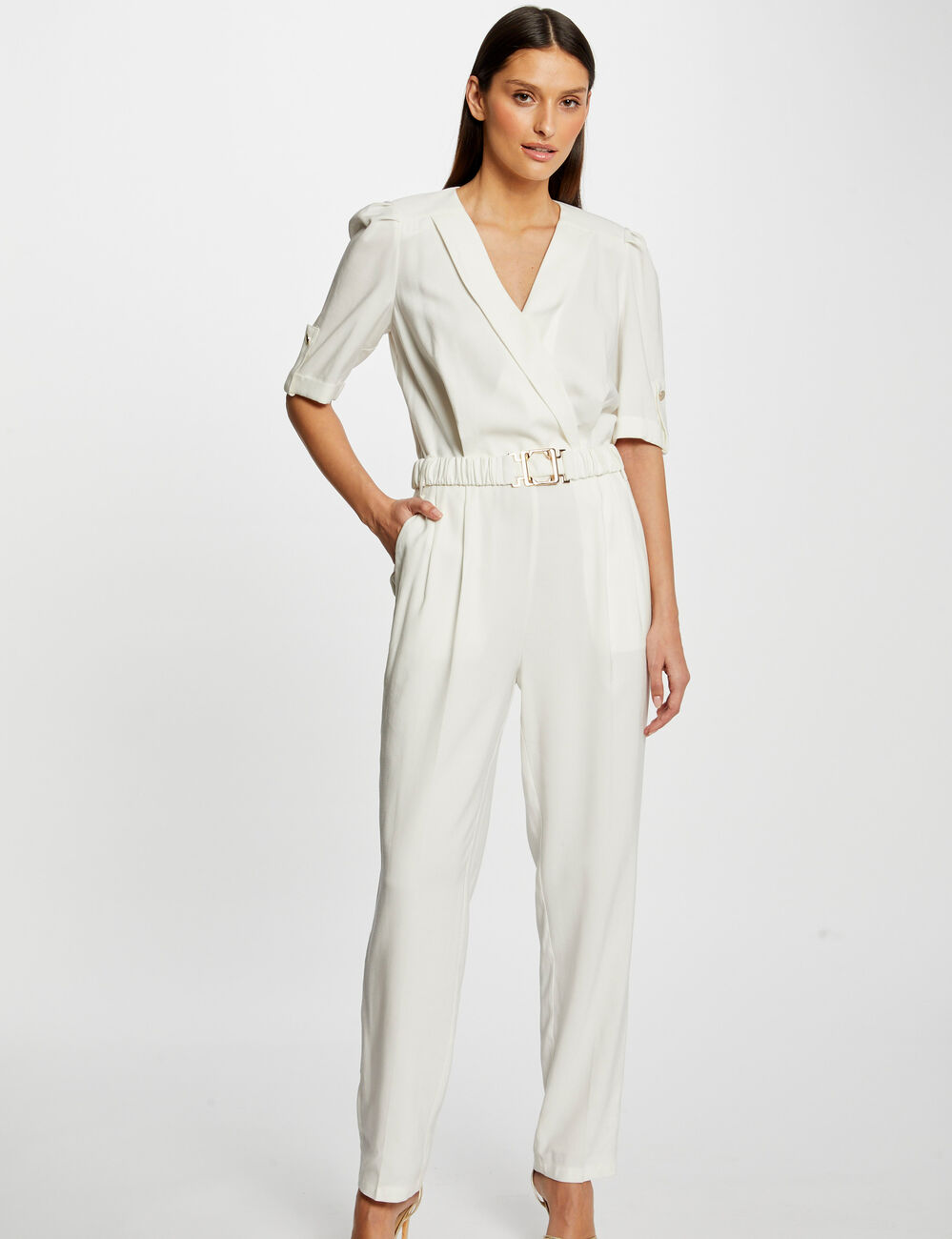 Rechte jumpsuit met riem ecru vrouw