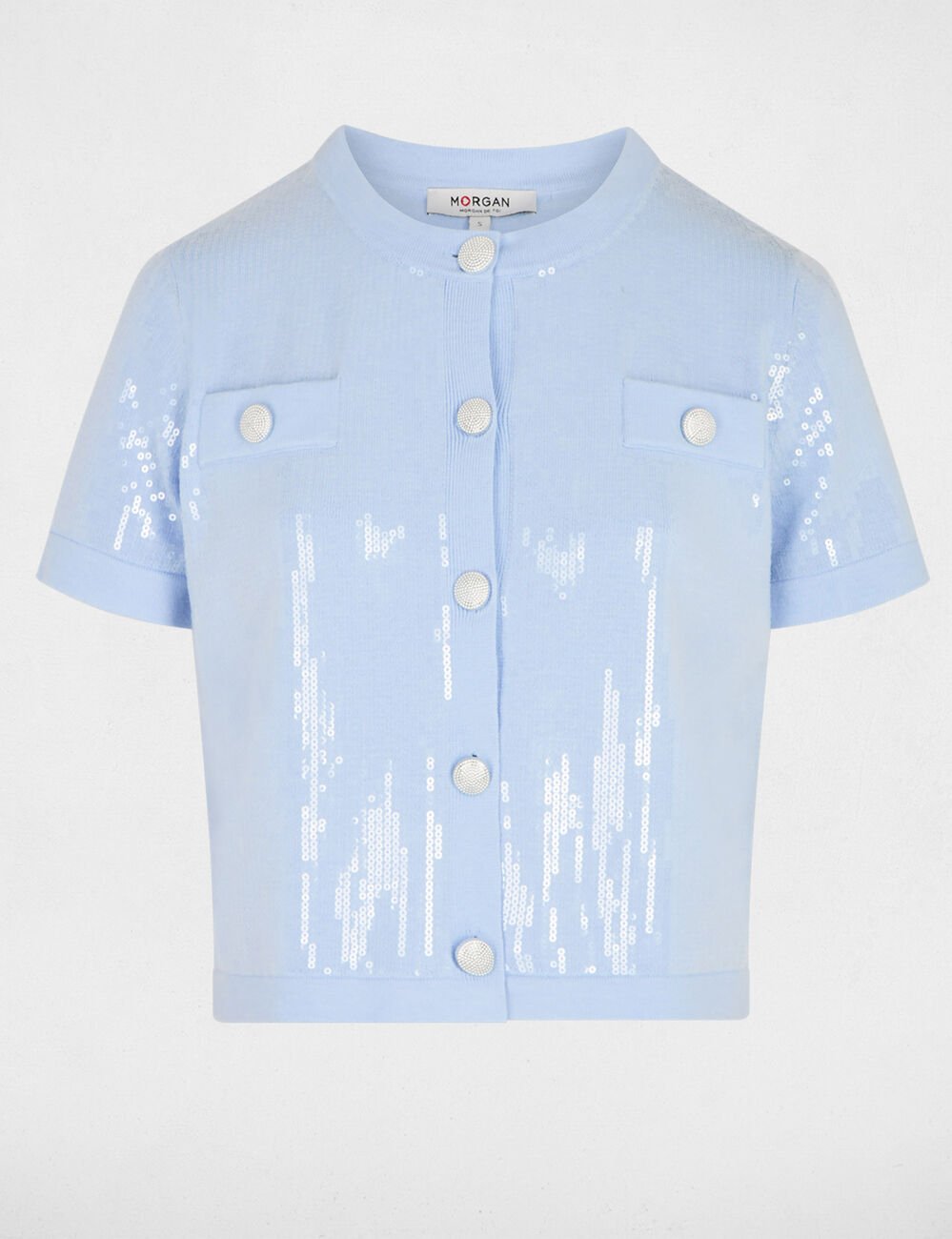 Gilet col rond sequins bleu ciel femme